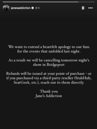 بيان تمت مشاركته من حساب Jane's Addiction على Instagram